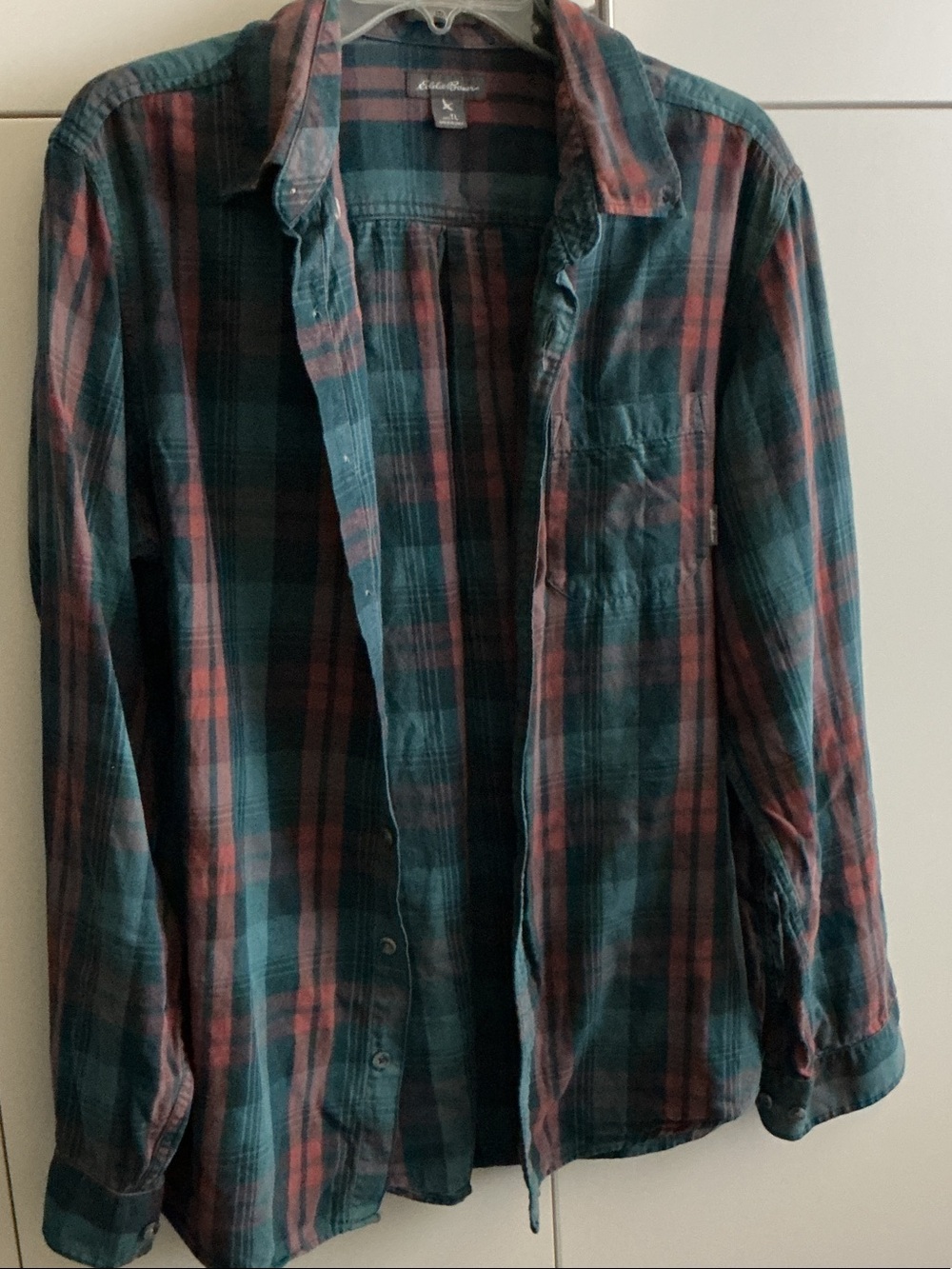Eddie Bauer Dark Teal and Maroon Plaid Button-Up Shirt